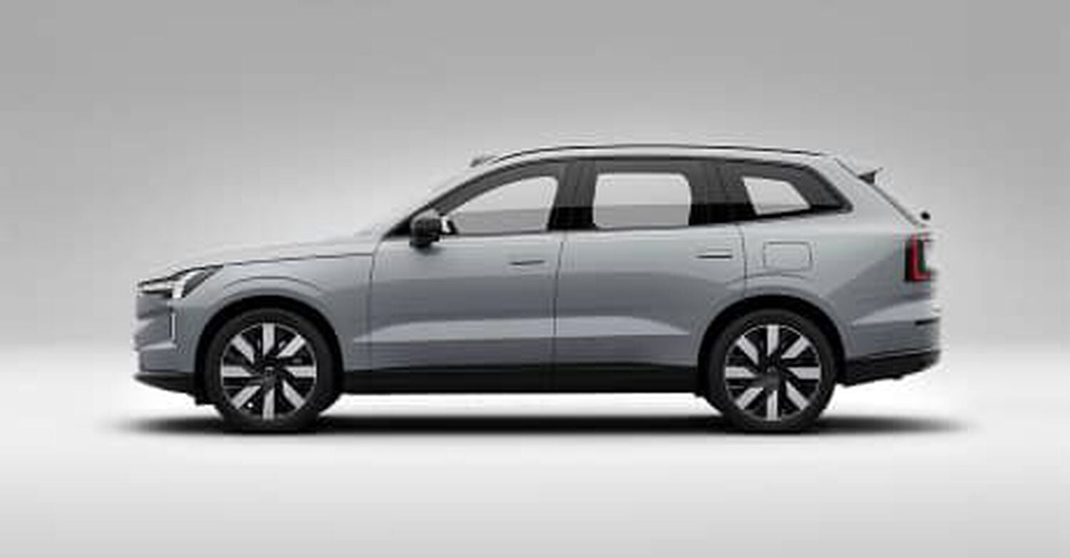 Gray Volvo EX90 car left facing with grey shadow background